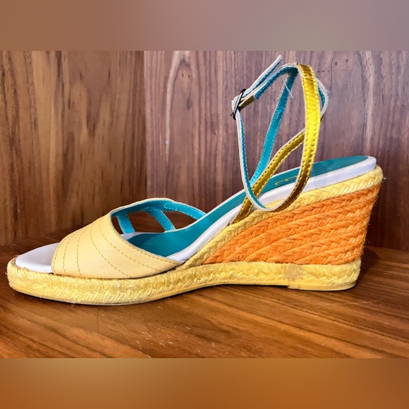 VTG E Made In Italy Colorblock Wedge Espadrilles Sz 37 Cream/Orange/Yellow/Gold - Picture 8 of 16